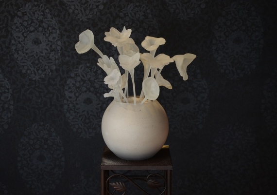 Wit boeket           - heet gesculpteerd glas, gezandstraald<br>
					Hot sculpted and sandbasted glass flowers